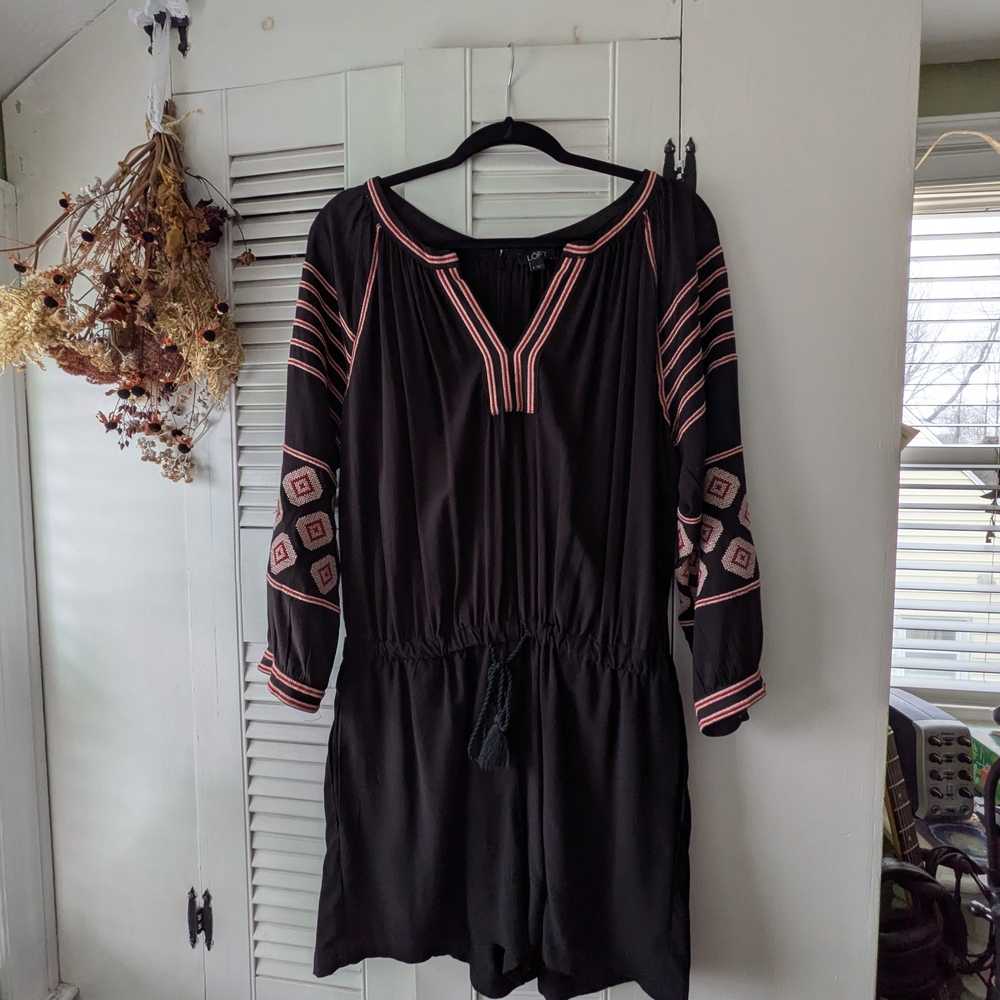LOFT Black Romper with Red Embroidery